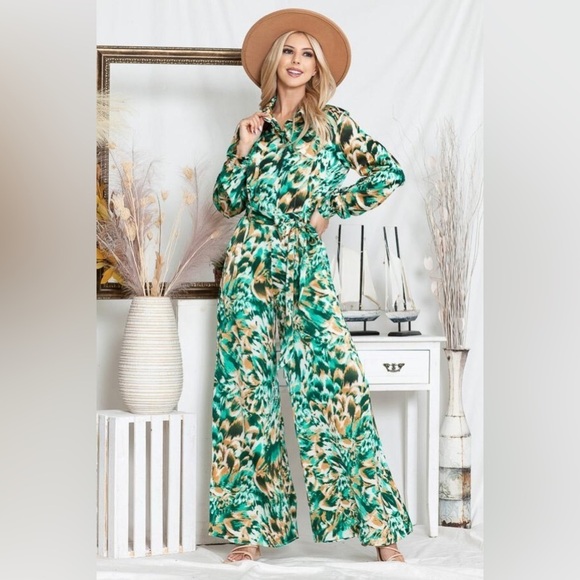 Silky Wide Leg Belted Jumpsuit: Greens & Tans - Picture 3 of 3